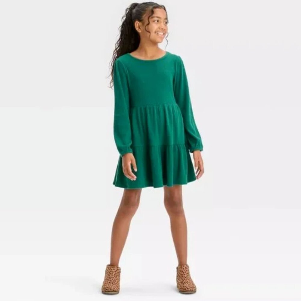 Girls' Tiered Long Sleeve Cozy Dress by Cat & Jack Green XS